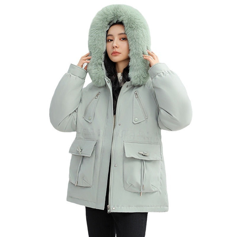 Sarah Express Women's Horn Button Parka Coat with Fur Collar Loose Fit Thick Winter Jacket