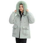 Sarah Express Women's Horn Button Parka Coat with Fur Collar Loose Fit Thick Winter Jacket