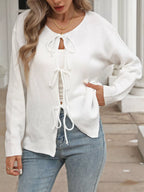 Sarah Express Women's Tie-Front Long Sleeve Cardigan - Ribbed Knit Sweater with Pockets