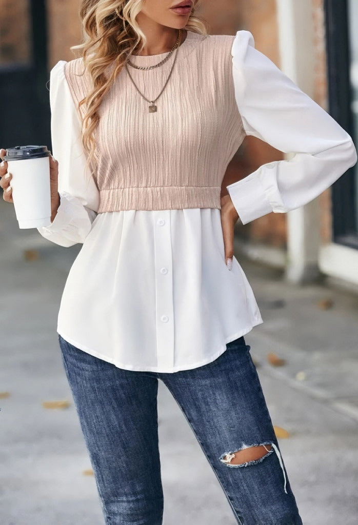 Wavy Stripe Blouse Long Sleeve Stitching Detail Pullover Top