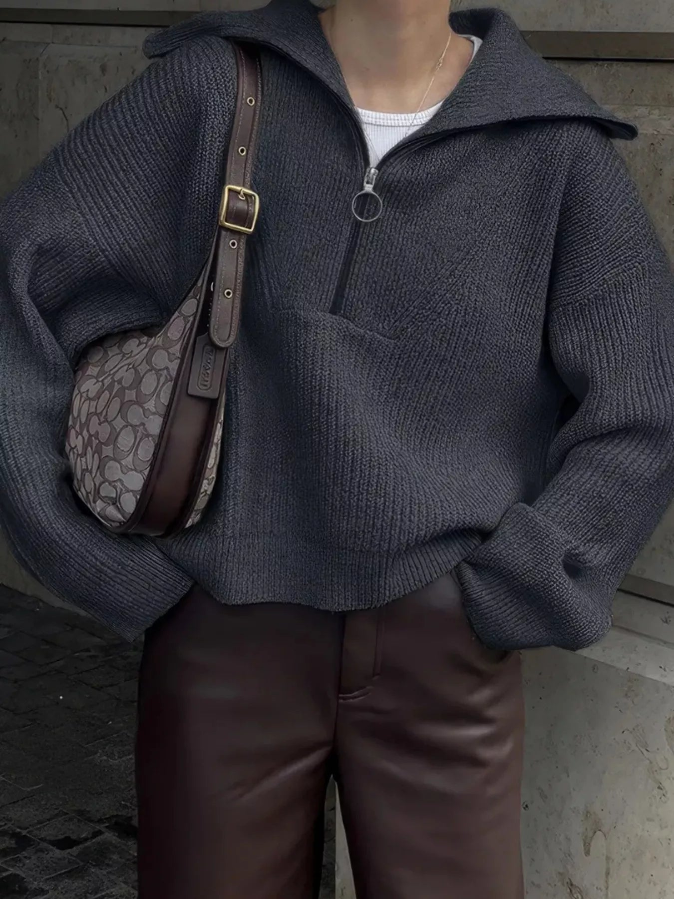 Sarah Express Women's Half Zip Dropped Shoulder Sweater Dark Gray One Size