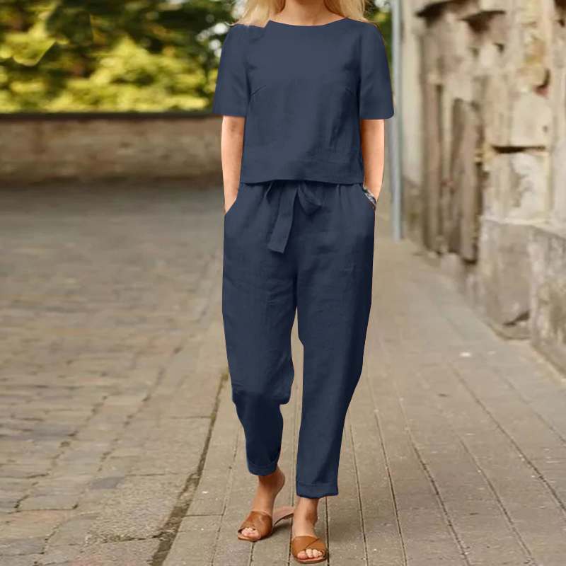 Women's Cotton Linen Top and Wide-Leg Pants Two-Piece Casual Set
