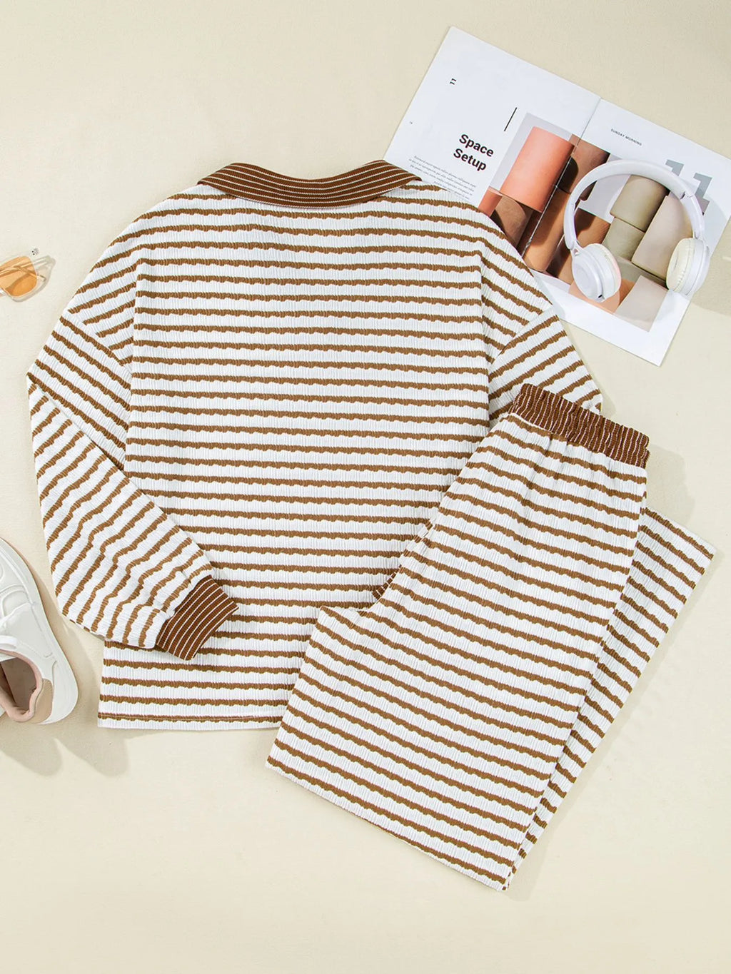 Sarah Express Women's Stripe Collared Top and Drawstring Pant Set