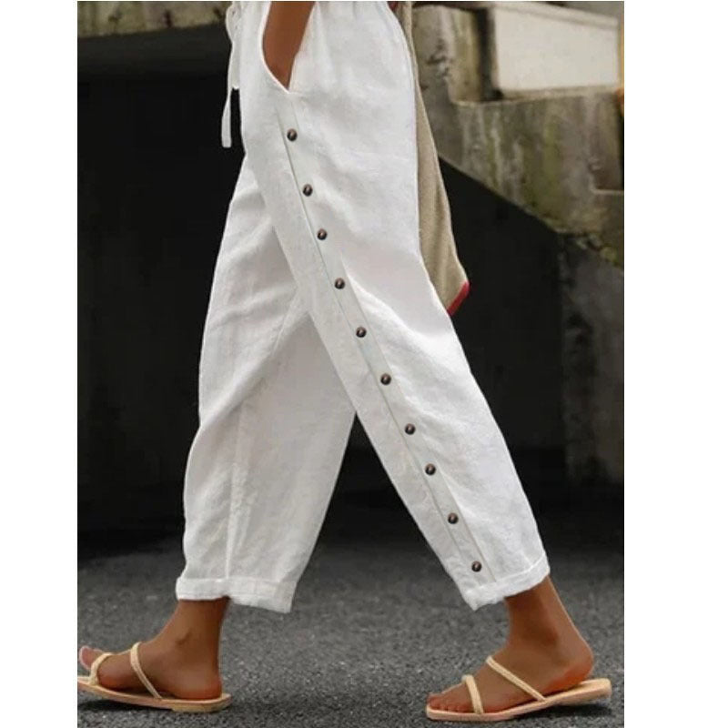 Women's Cotton Linen Cropped Pants Elastic Waist Loose Fit