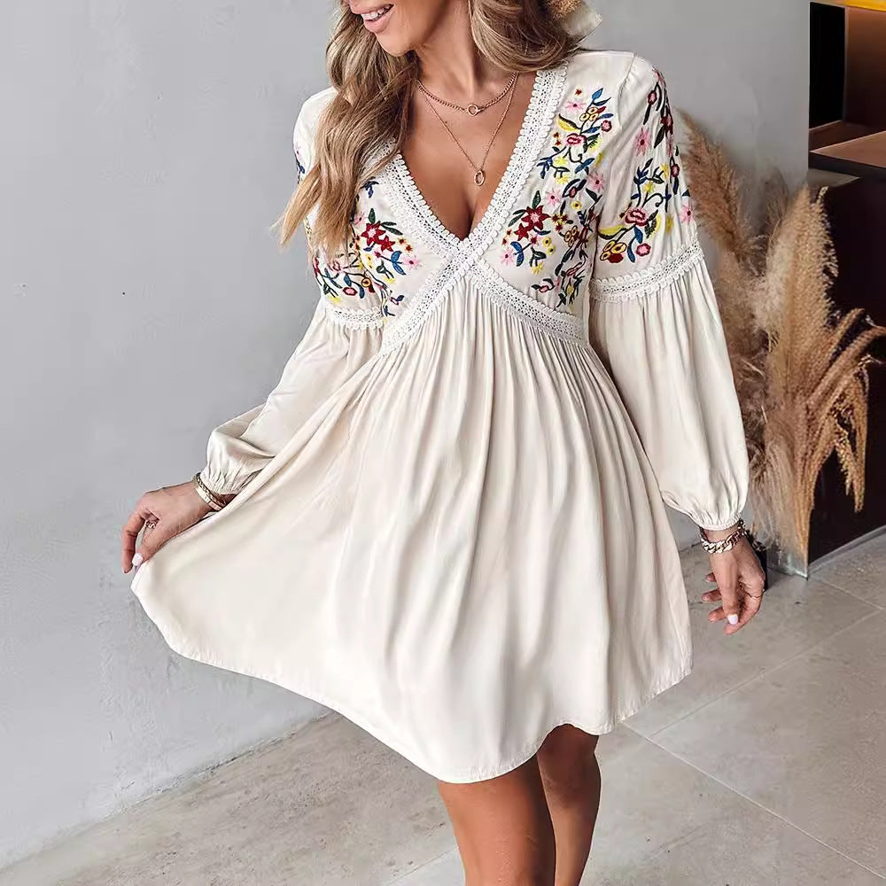 Women's Embroidered V-Neck Casual Maxi Dress Mid Waist Regular Sleeve