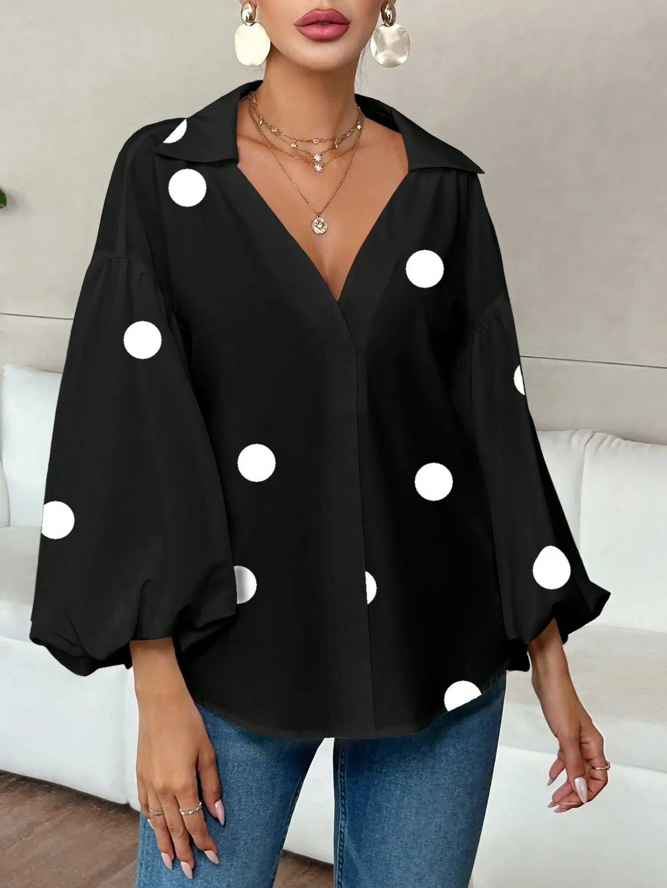 Sarah Express Women's Polka Dot Balloon Sleeve Blouse - Oversized Button-Up Top