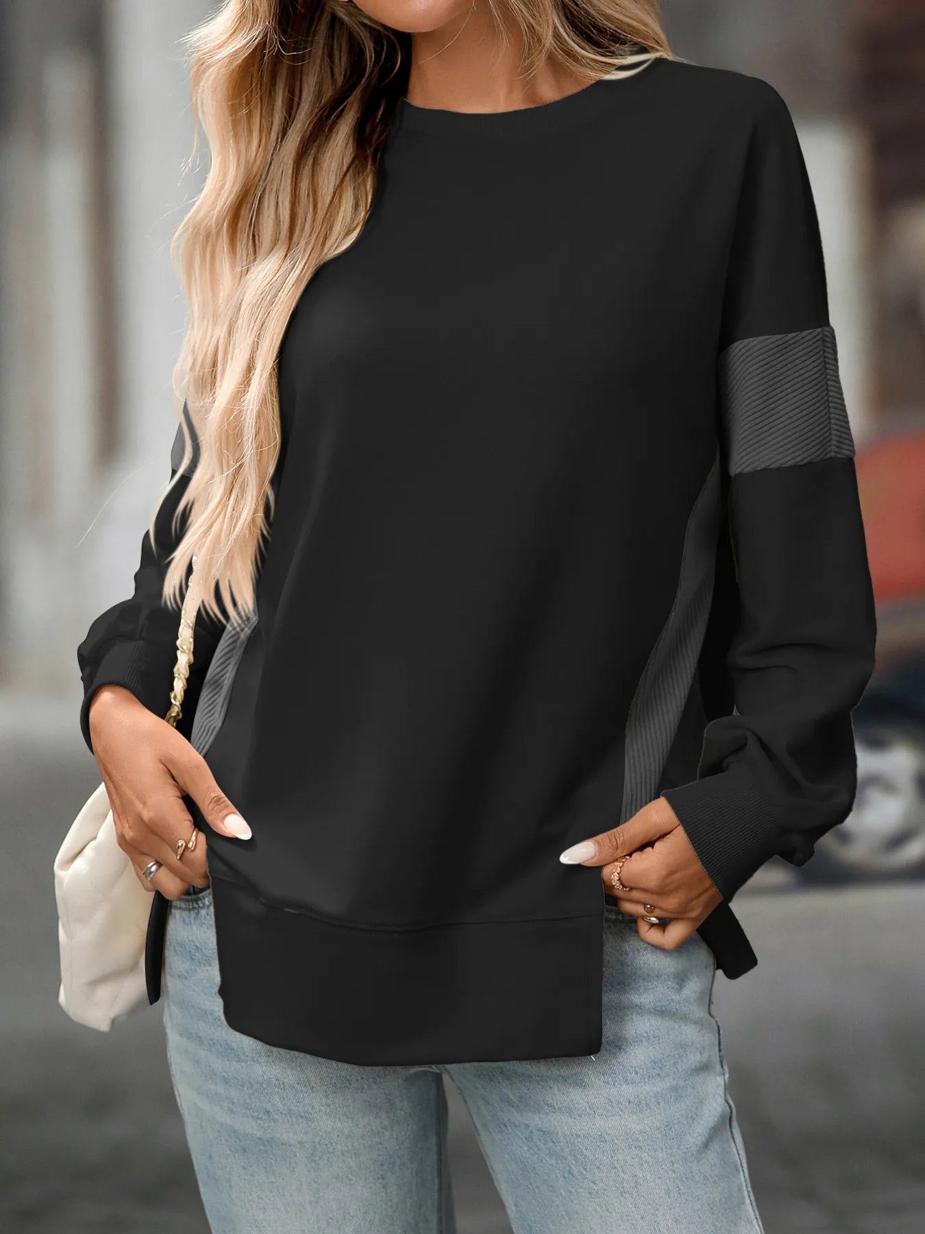 Sarah Express Women's Crew Neck Color-Blocked Drop-Shoulder Slit Sweatshirt Black