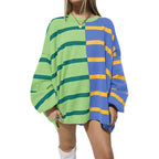 Women's Striped Knit Sweater Long Sleeve Pullover Loose Fit Acrylic