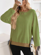 Sarah Express Women's Exposed Seam Striped Contrast Sweatshirt Matcha Green
