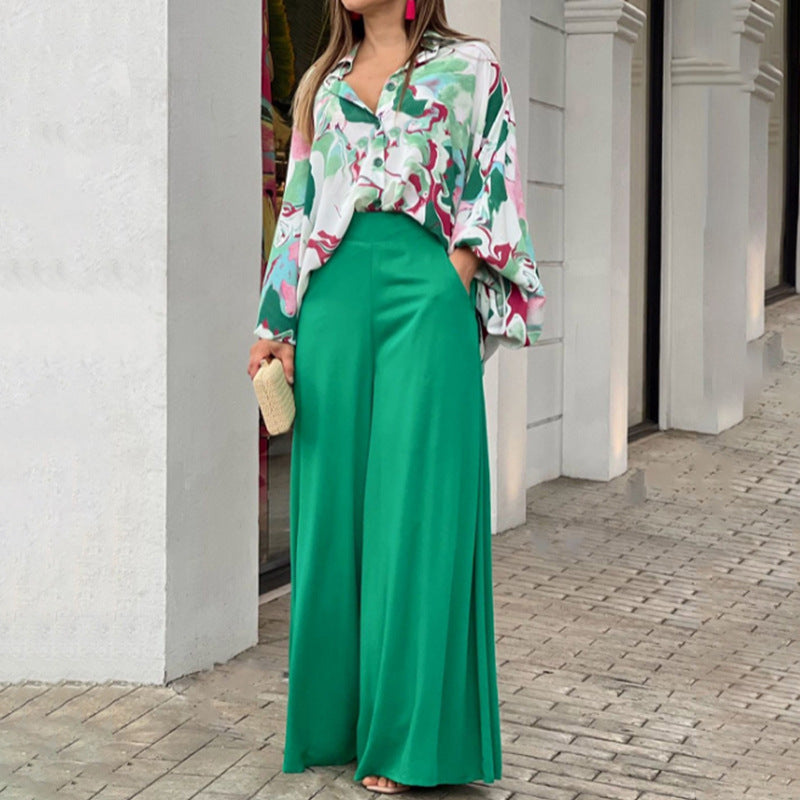 Women's Loose Elegant Printed Shirt and Wide Leg Pants Two-Piece Set