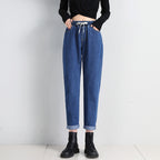 Women's High Waist Straight Leg Cropped Denim Jeans Elastic Waist