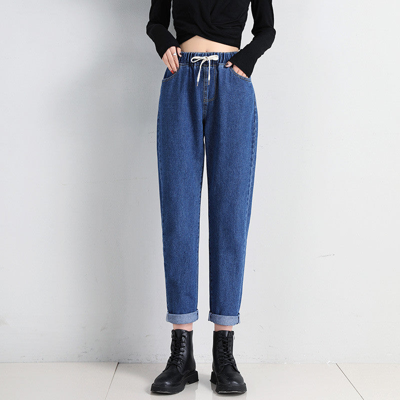 Women's High Waist Straight Leg Cropped Denim Jeans Elastic Waist