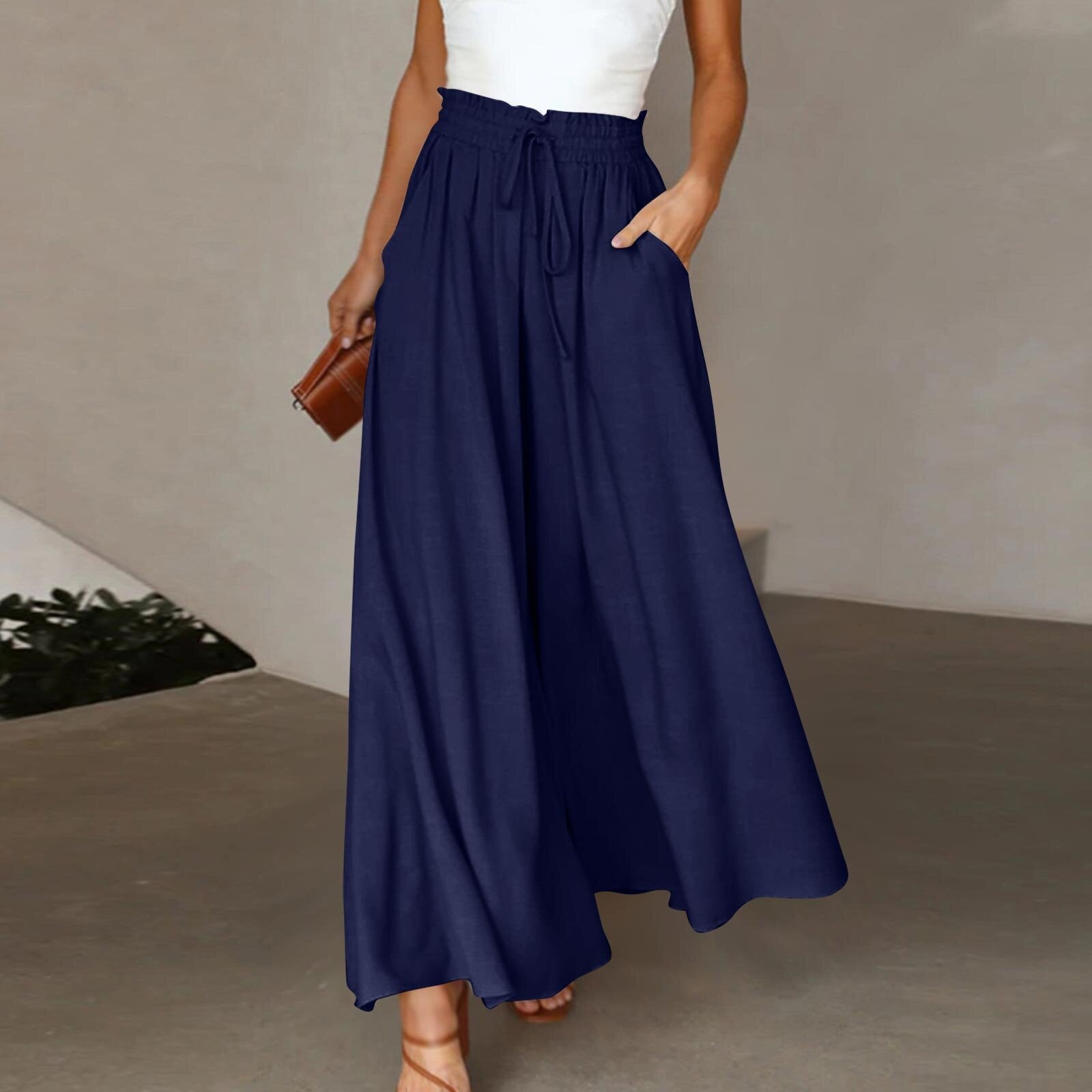 High Waist Wide Leg Dress Pants Elastic Waistband Full Length Trousers