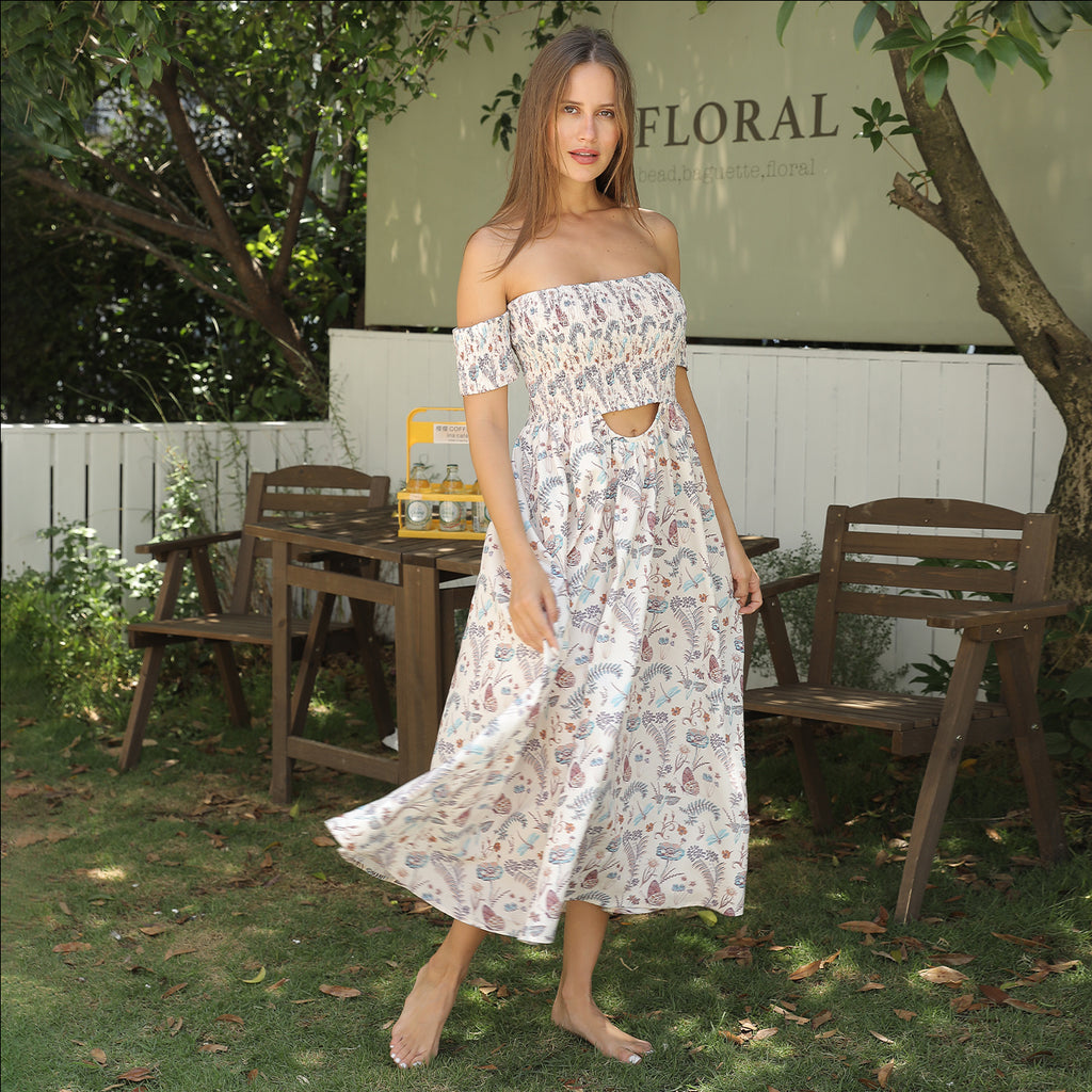 Women's Off Shoulder Floral Maxi Dress Strapless Elegant Summer