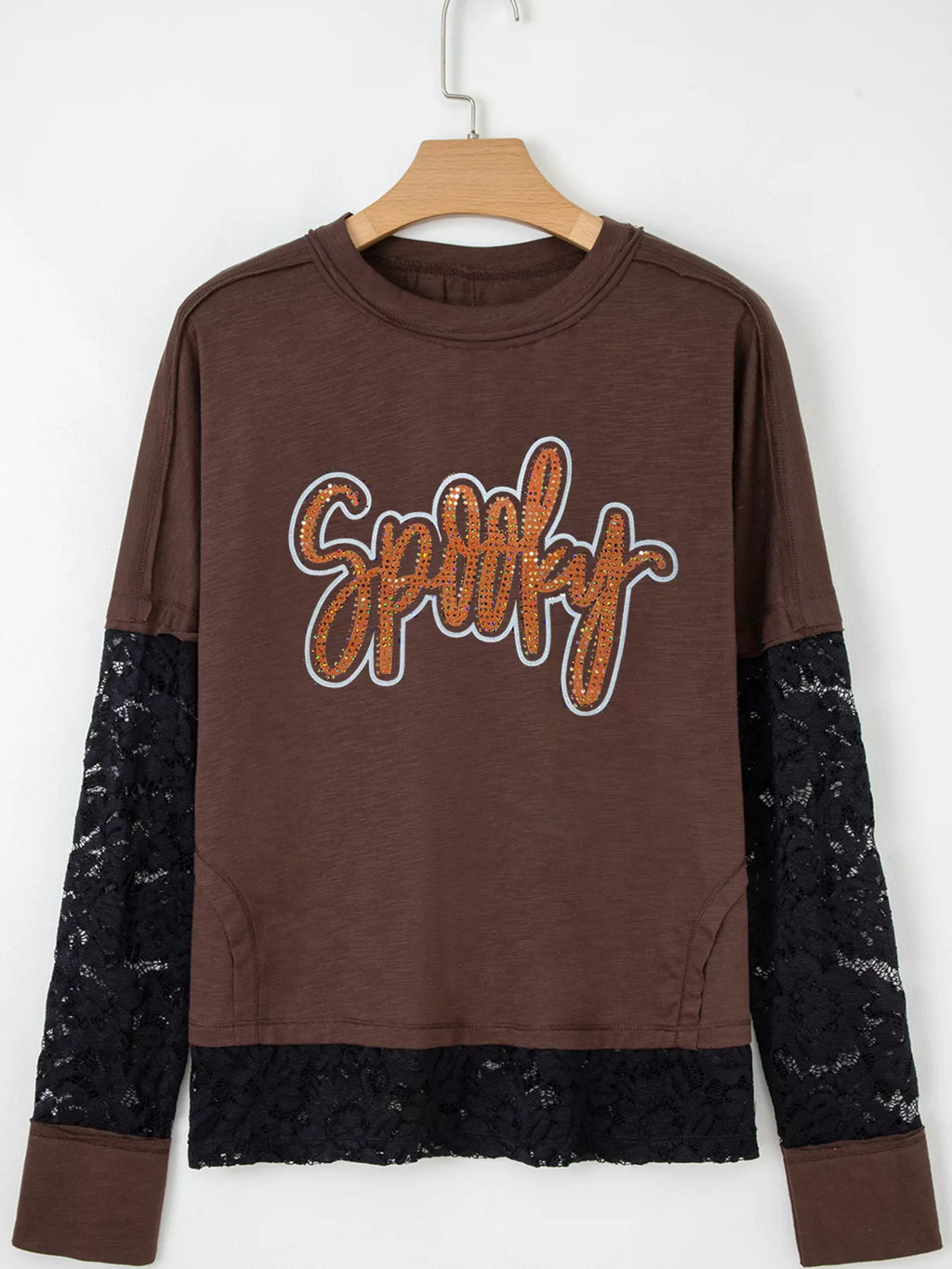 Sarah Express Women's Rhinestone Spooky Graphic Lace Patchwork Long Sleeve T Shirt