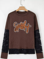 Sarah Express Women's Rhinestone Spooky Graphic Lace Patchwork Long Sleeve T Shirt