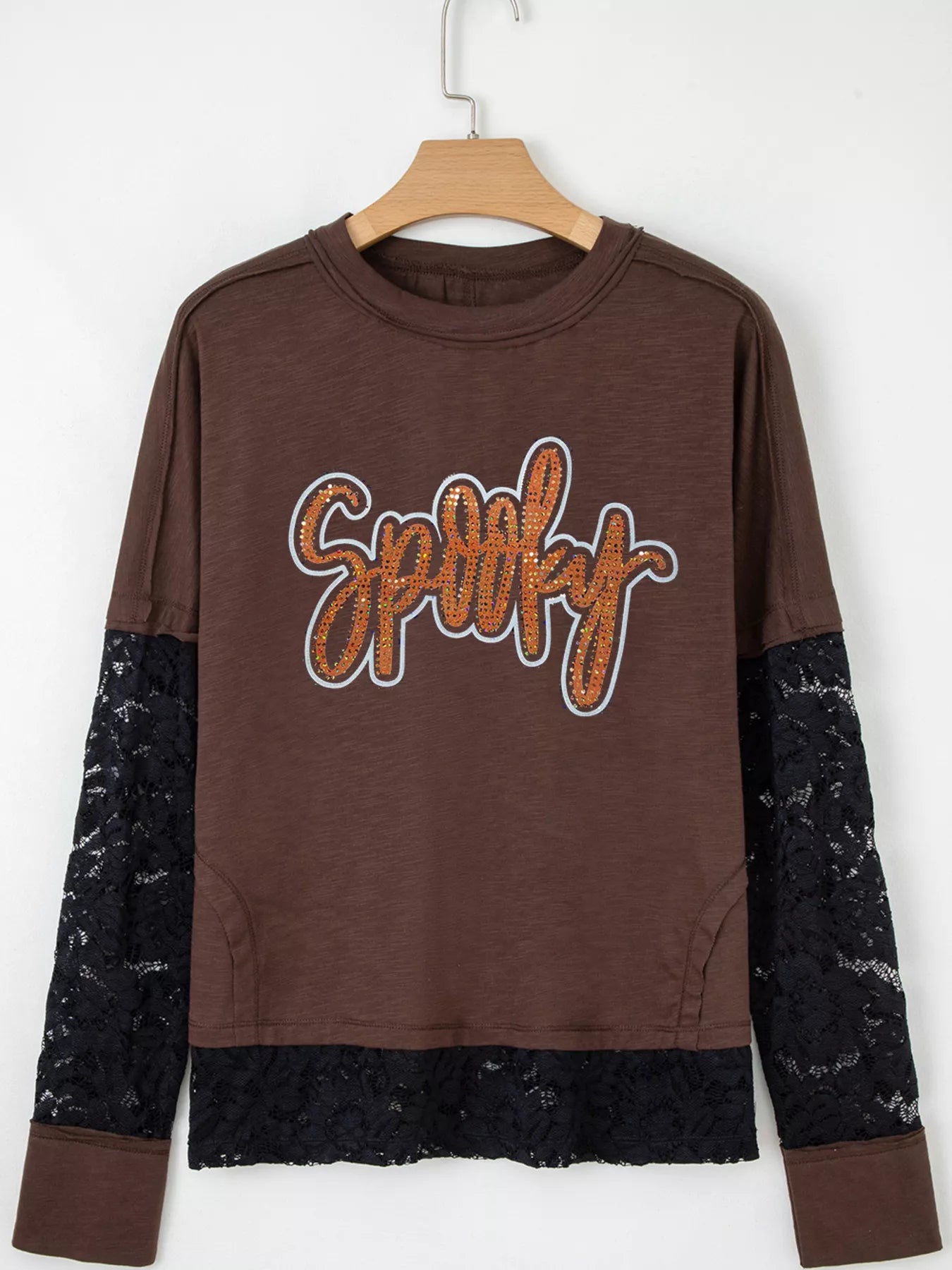 Sarah Express Women's Rhinestone Spooky Graphic Lace Patchwork Long Sleeve T Shirt