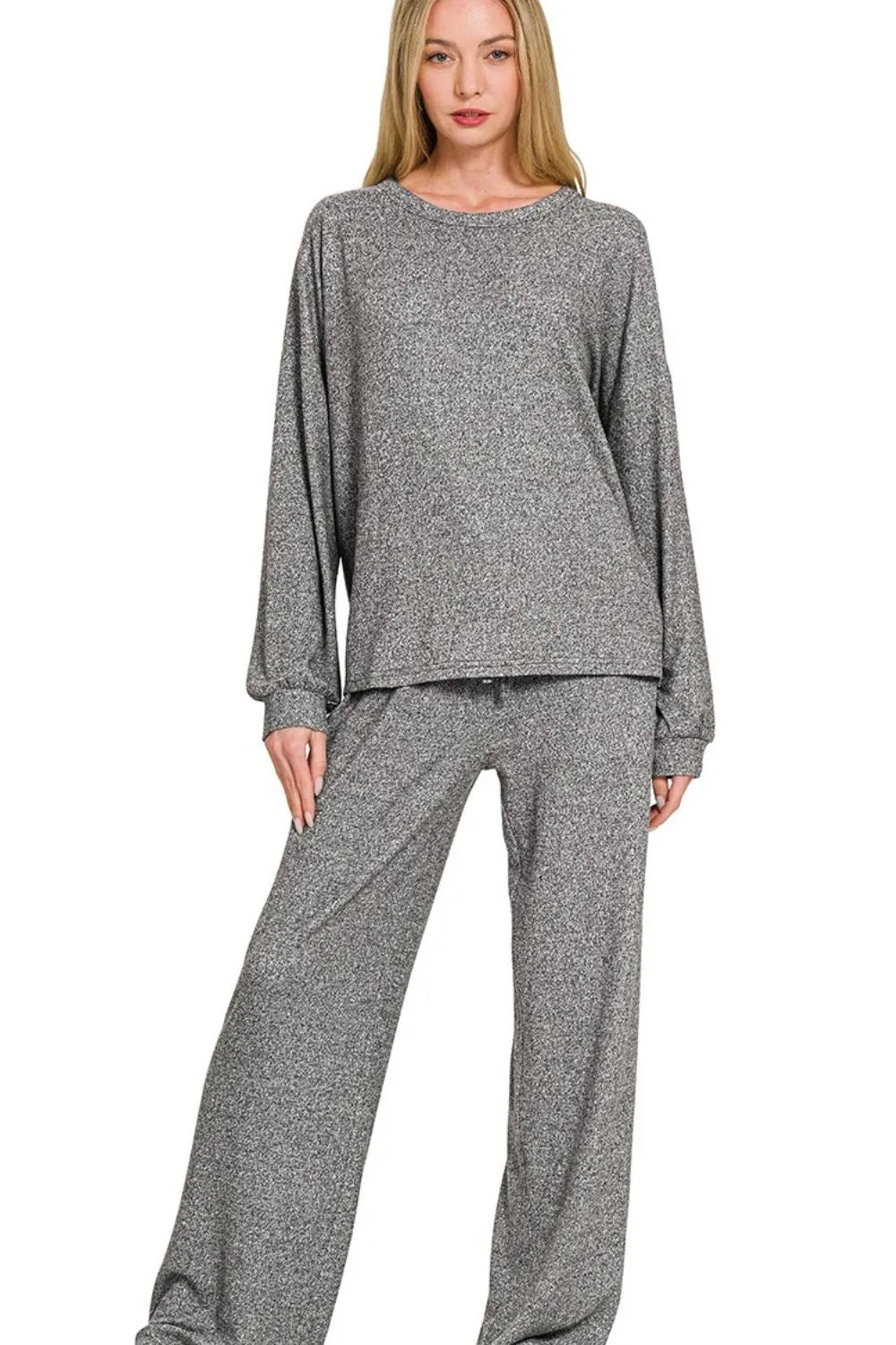 Women's Melange Hacci Long Sleeve Tee & Pants Set | Fast Shipping