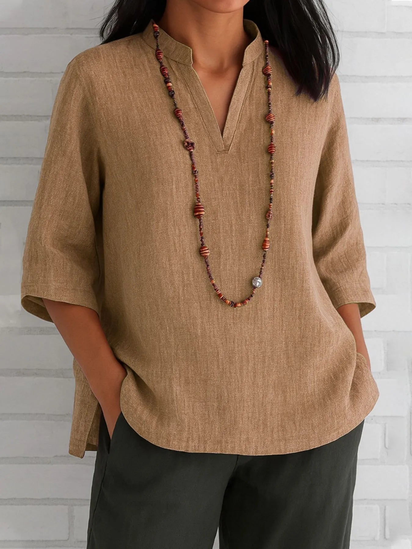 Sarah Express Women's Notched Three-Quarter Sleeve Blouse Plus Size Tan