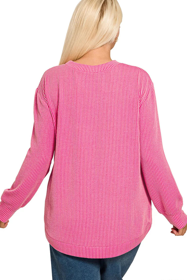 Sarah Express Women’s Plus Size Raised Rib Long Sleeve Top Casual All-Season