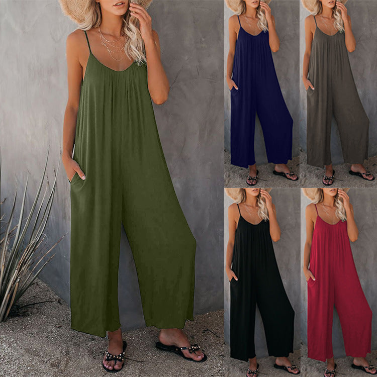Women's Sleeveless Jumpsuit with Pockets - Casual Loose Fit Romper