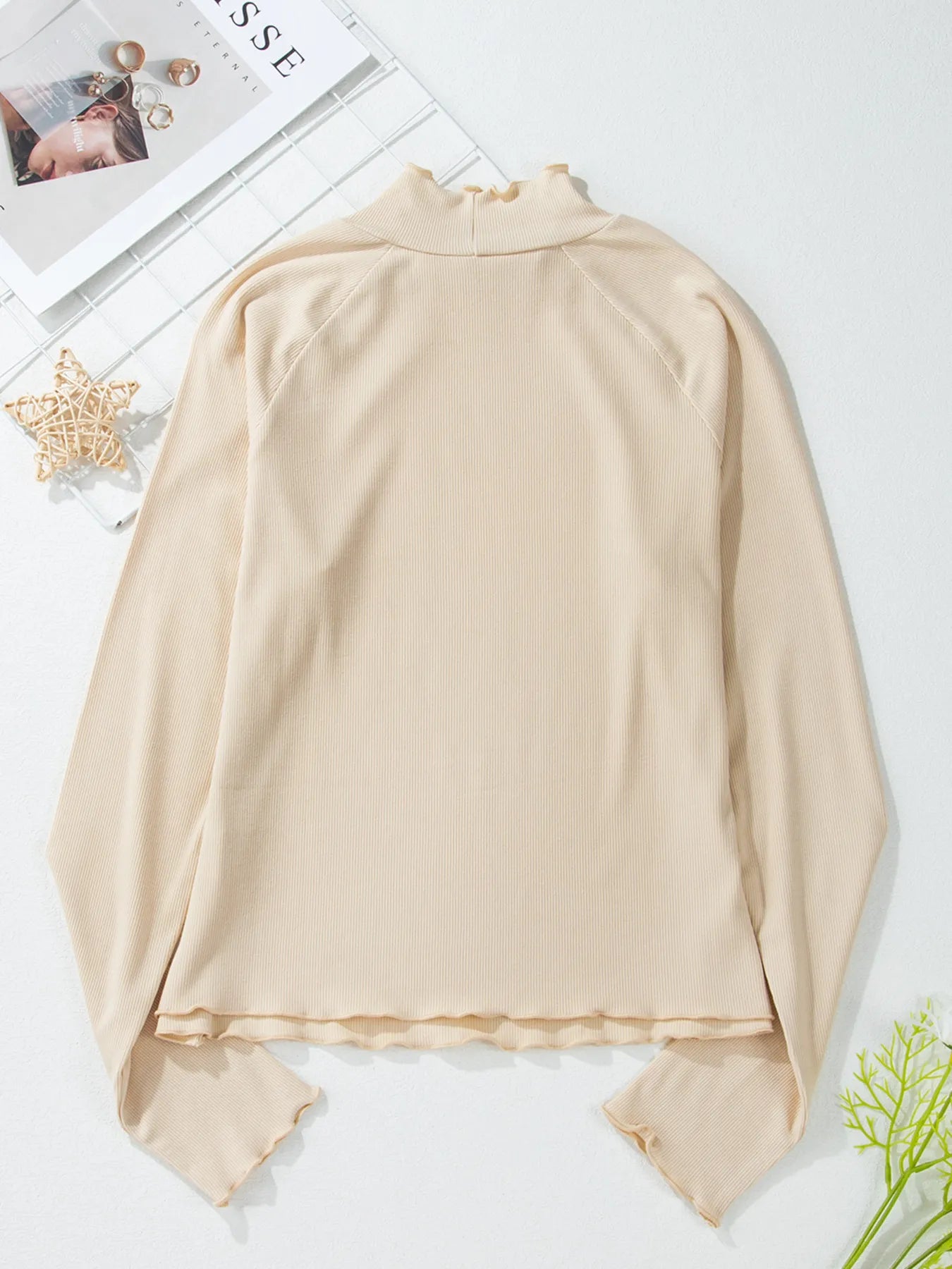 Sarah Express Women's Ribbed Knit Lettuce Trim Mock Neck Long Sleeve Top