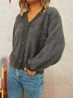 Sarah Express Women's Fuzzy Button-Up Long Sleeve Cardigan