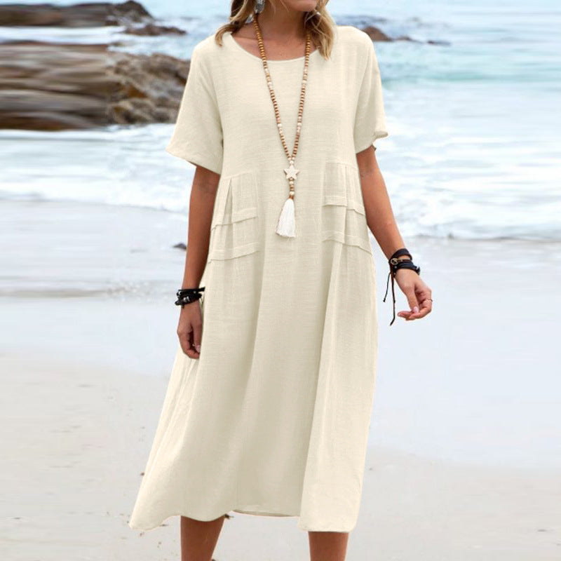 Women's Loose Casual Midi Dress Short Sleeve Summer Beach Cotton Linen Style