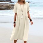 Women's Loose Casual Midi Dress Short Sleeve Summer Beach Cotton Linen Style