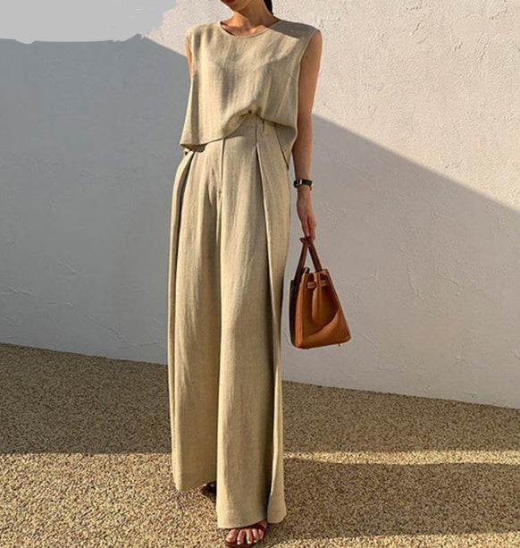 Women's Cotton Linen Two-Piece Set Sleeveless Top Wide Leg Pants Casual