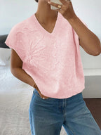 Sarah Express Women's Ribbed Hem V-Neck Short Sleeve Cable-Knit Sweater