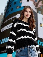 Sarah Express Women's Striped Round Neck Dropped Shoulder Sweater