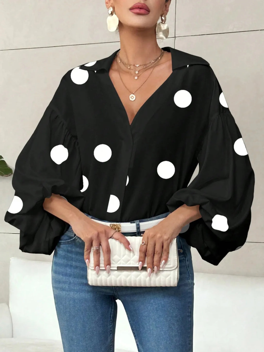 Sarah Express Women's Polka Dot Balloon Sleeve Blouse - Oversized Button-Up Top Black Polka Dots