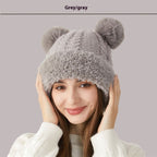 Women's Double Pom-Pom Knitted Winter Hat Fur Ball Dome Crown Windproof