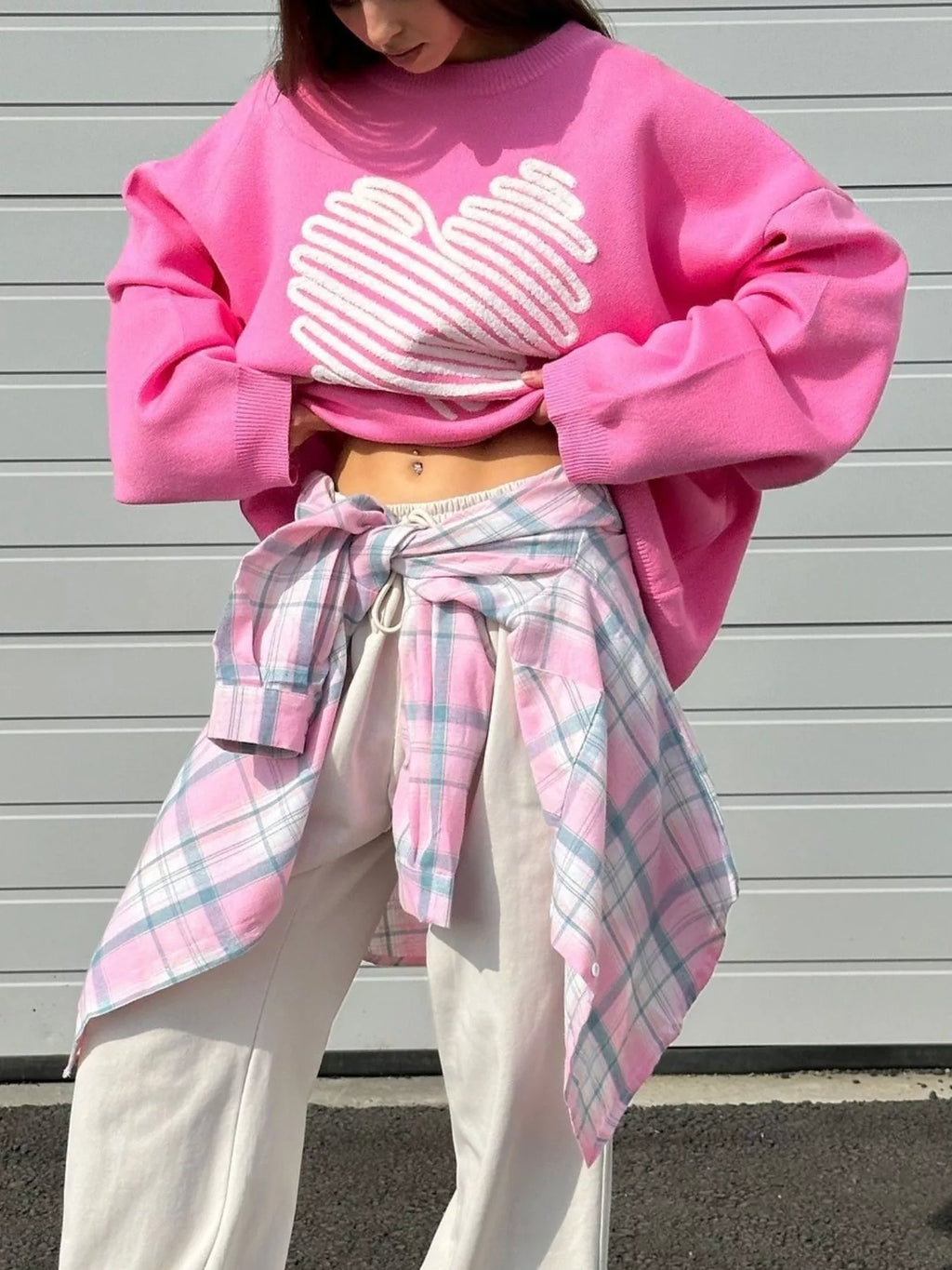 Sarah Express Women's Heart Round Neck Oversized Sweater