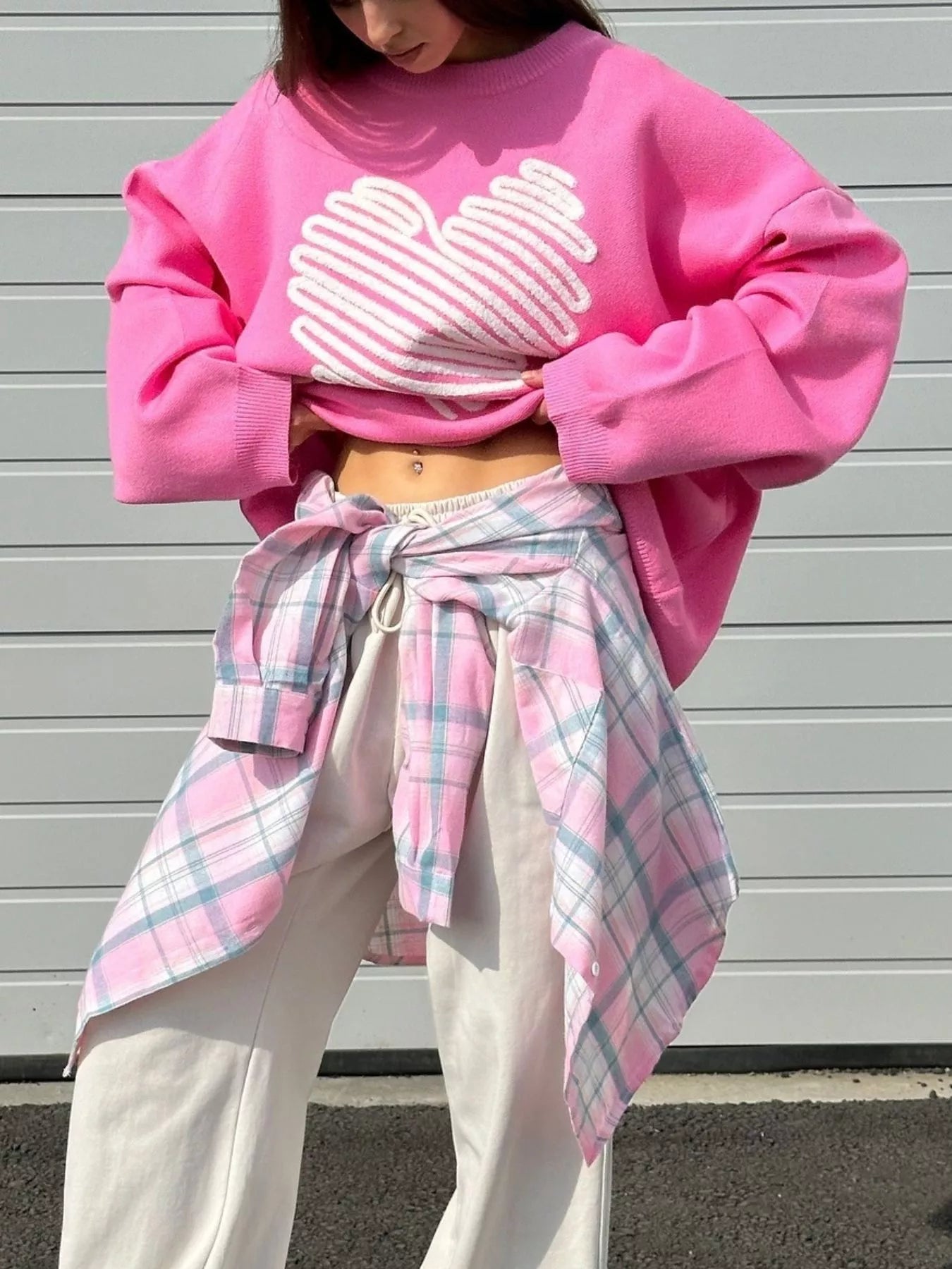 Sarah Express Women's Heart Round Neck Oversized Sweater