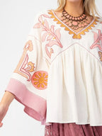 Sarah Express Women's Printed V-Neck Top with Contrast Trim Details