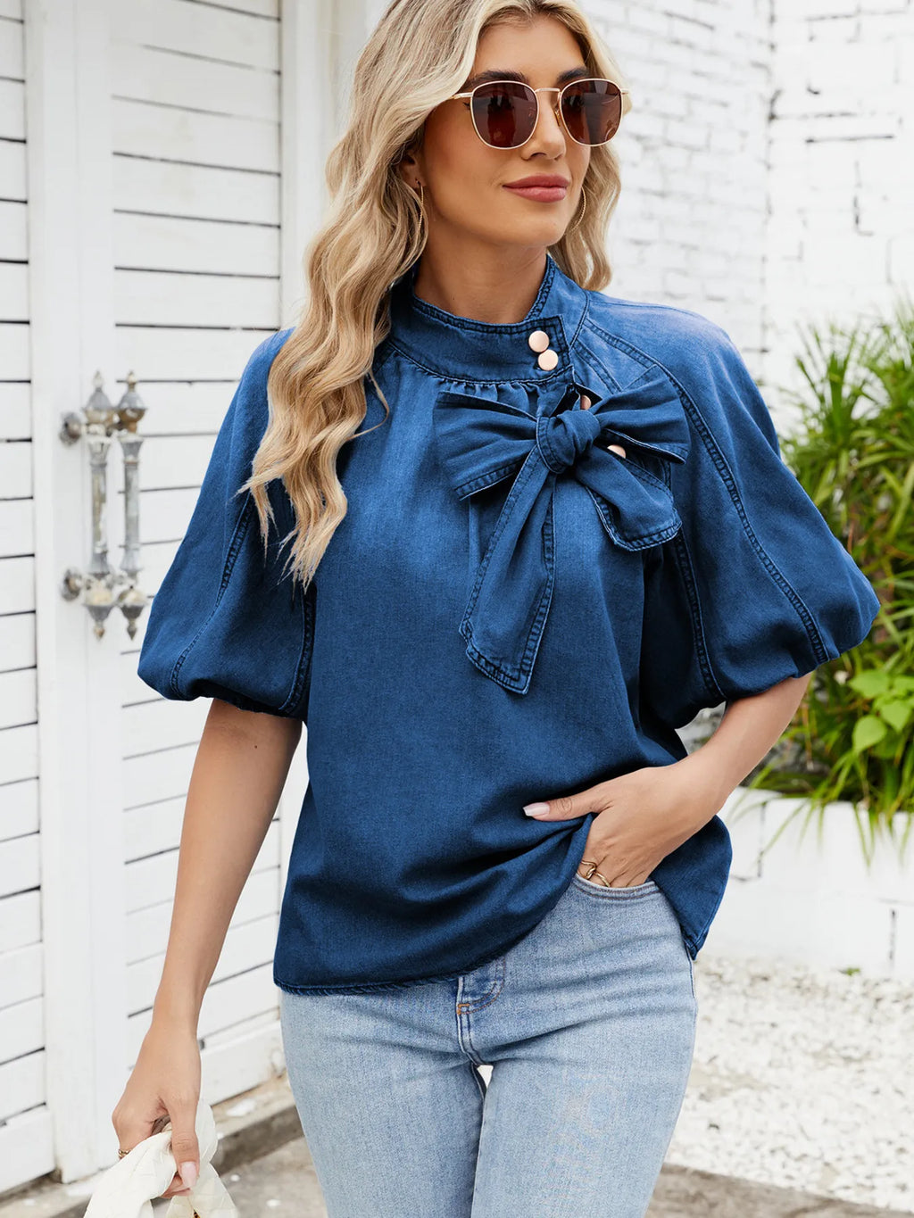Sarah Express Women's Denim Bow Tie Puff Sleeve Button-Up Top Dark Blue