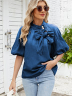 Sarah Express Women's Denim Bow Tie Puff Sleeve Button-Up Top Dark Blue