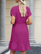 Women's V-Neck Short Sleeve Drawstring Ruffle Babydoll Dress