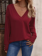 Sarah Express Women's V-Neck Long Sleeve T-Shirt - Button Detail Casual Top Wine Red