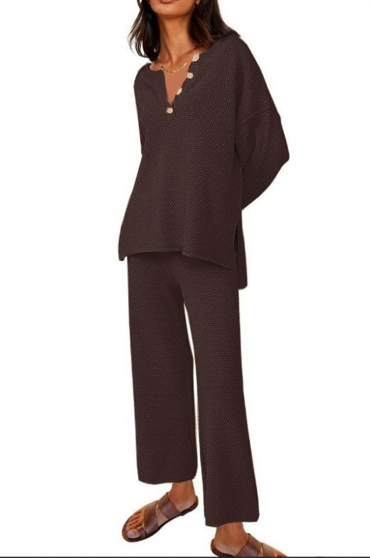 Sarah Express Women's Two-Piece Leisure Set Long Sleeve Top and Pants Casual Suit Coffee
