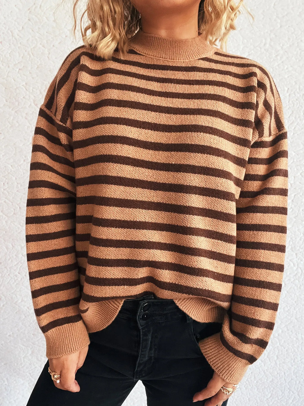Sarah Express Women's Striped Mock Neck Long Sleeve Sweater - Oversized Ribbed Knit Top