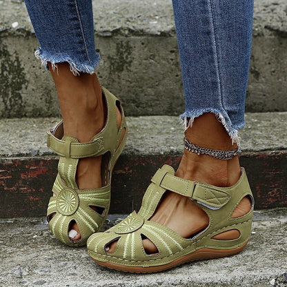 Sarah Express Cutout Round-Toe Velcro Beach Sandals Green