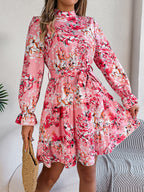 Women's Floral Print A-Line Dress - Standing Collar Long Sleeve Ruffle Dress