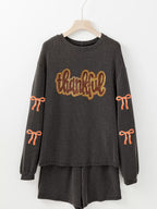 Sarah Express Women's Thankful Letter Patched Sequin Bow Sleeve Twisted Ribbed Top and Short Set