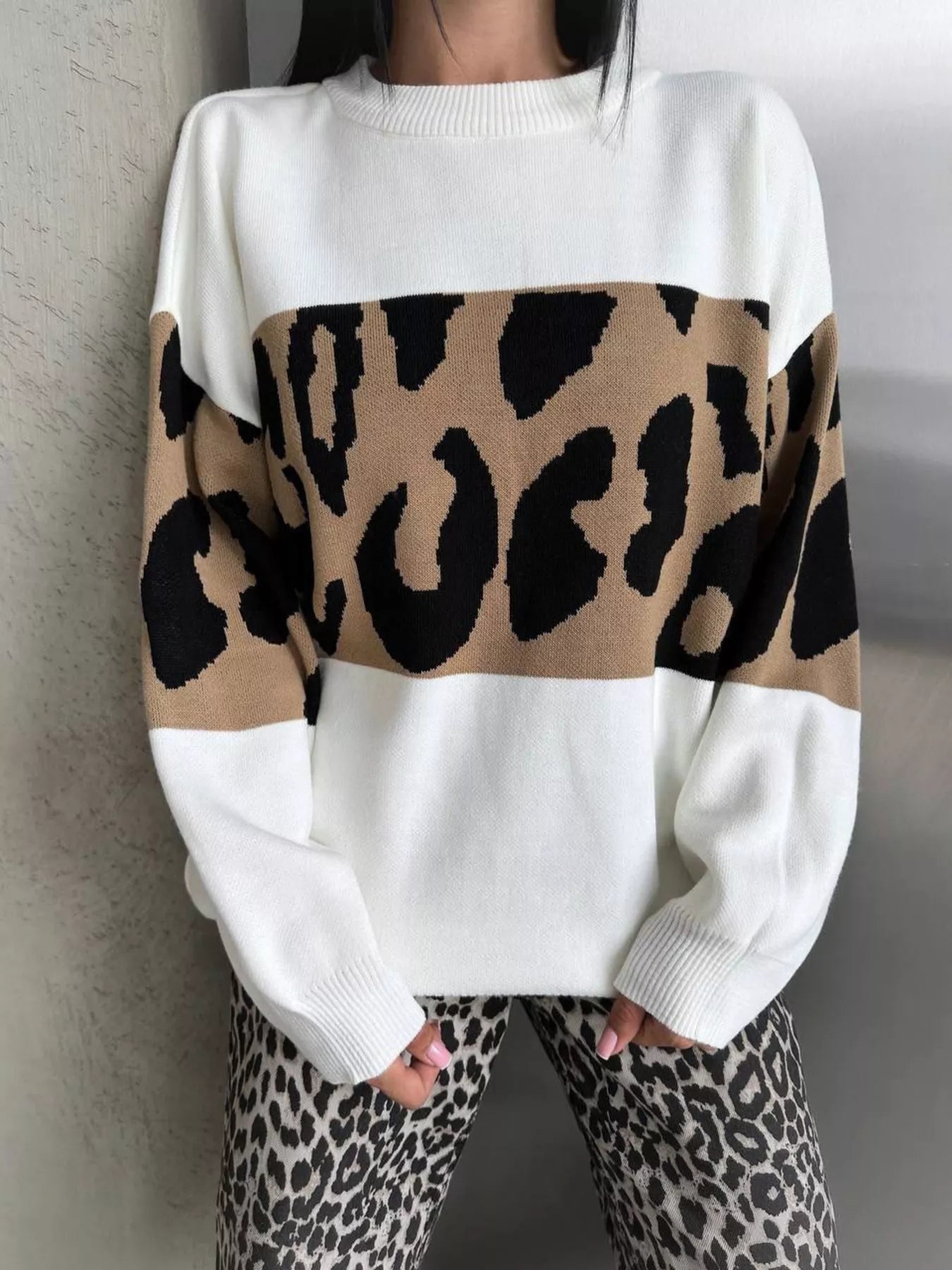 Sarah Express Women's Leopard Color Block Round Neck Sweater