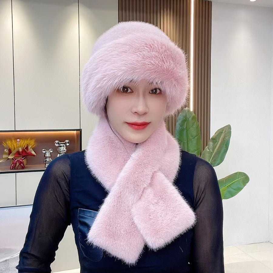 Women's Plush Winter Hat Scarf Set Dome Cap Warm Windproof