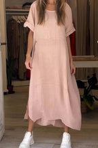 Women's Loose Cotton Linen Maxi Dress Short Sleeve Casual Relaxed Fit