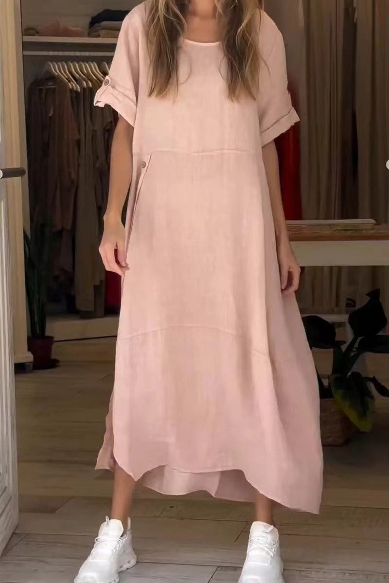 Women's Loose Cotton Linen Maxi Dress Short Sleeve Casual Relaxed Fit